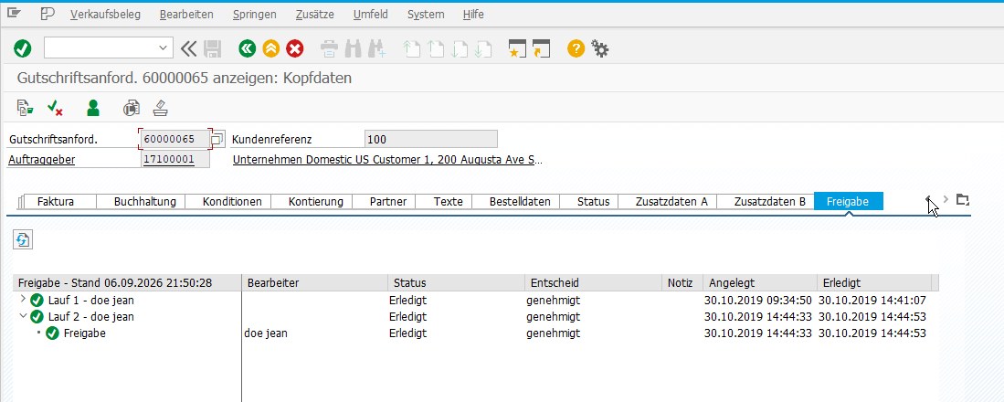 Kopfreiter Freigabe in VA03: Baum mit zwei Workflow-Läufen, je mit Bearbeiter, Status, Entscheid und Zeitstempel